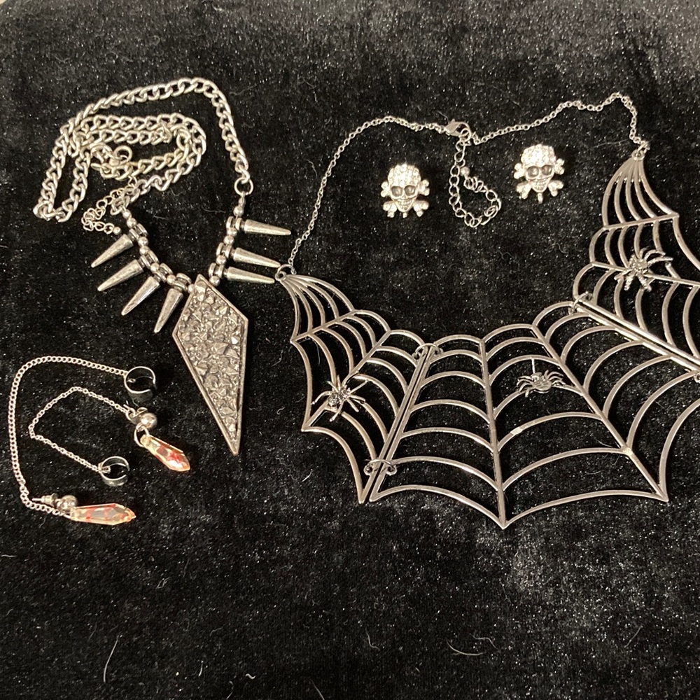 Silver Spider Web Necklace, Skull Earrings, Earlobe cuff earrings Spike Necklace